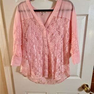 Black Rainn Pink Lace Chiffon Button Front Blouse Size L